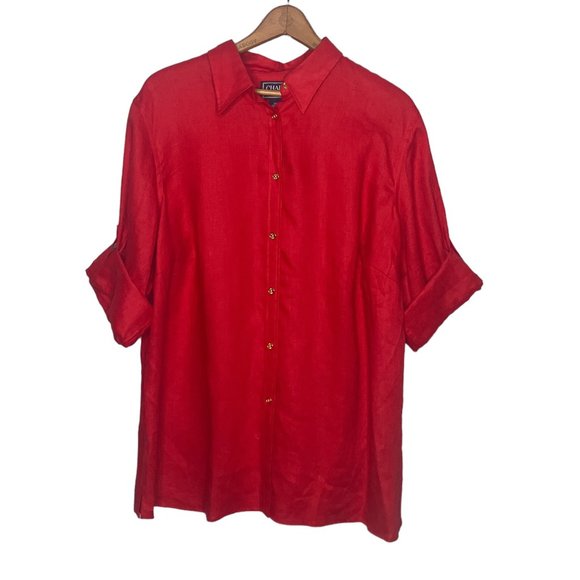 Chaps by Ralph Lauren 1X Red 100% Linen Roll‎ Tab Sleeve Button Down Shirt Plus - Picture 1 of 3